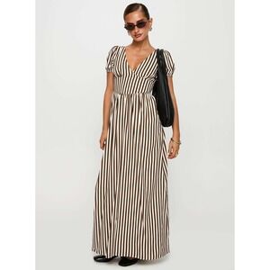 Princess Polly Collyns Stripe Puff Sleeve Open Back Maxi Dress Sz 8 Beige Brown
